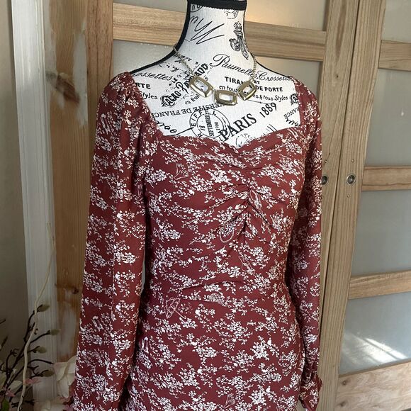 Ambition Women Autumn Floral Long Sleeve Rouched Midi Dress Semi Sheer Size S - Picture 2 of 12